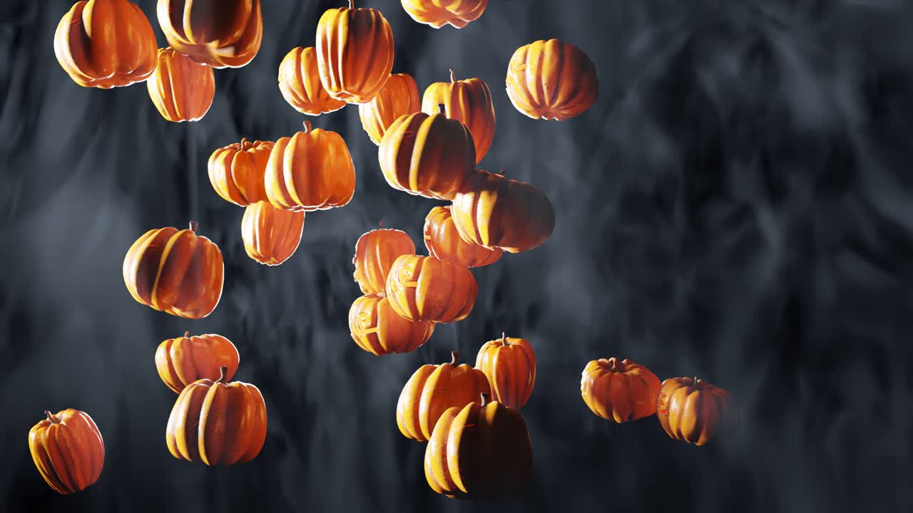 caídas de calabazas, humo, halloween, congelación del tiempo, renderizado animado cgi 3d, animación de halloween aterrador, visual de calabaza cinematográfica, naranja, iluminación fuerte, oscuro de mal humor