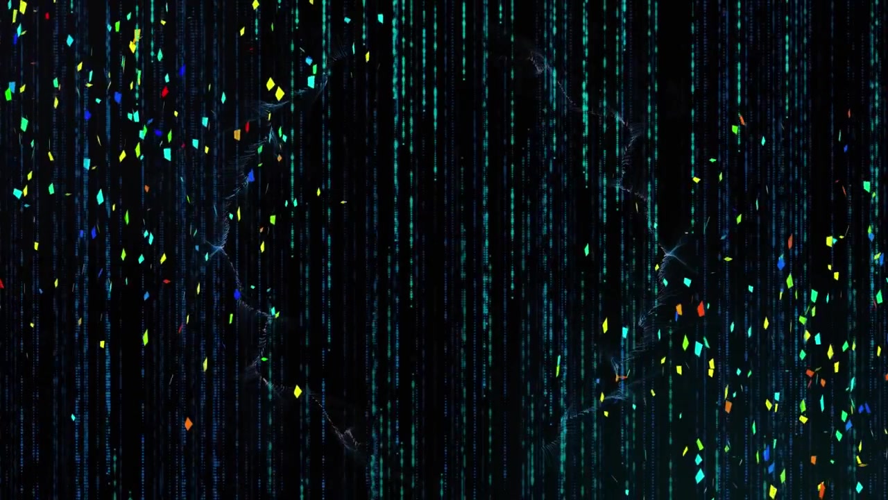 Animation of confetti over light trails on black background