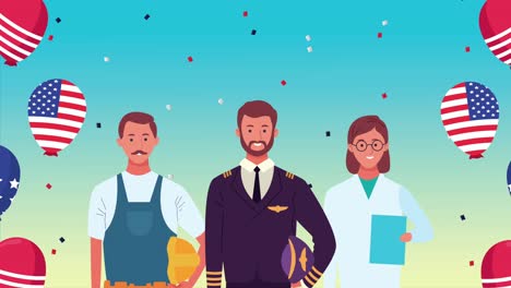 feliz celebración del día del trabajo con trabajadores y globos helio bandera de ee.uu.