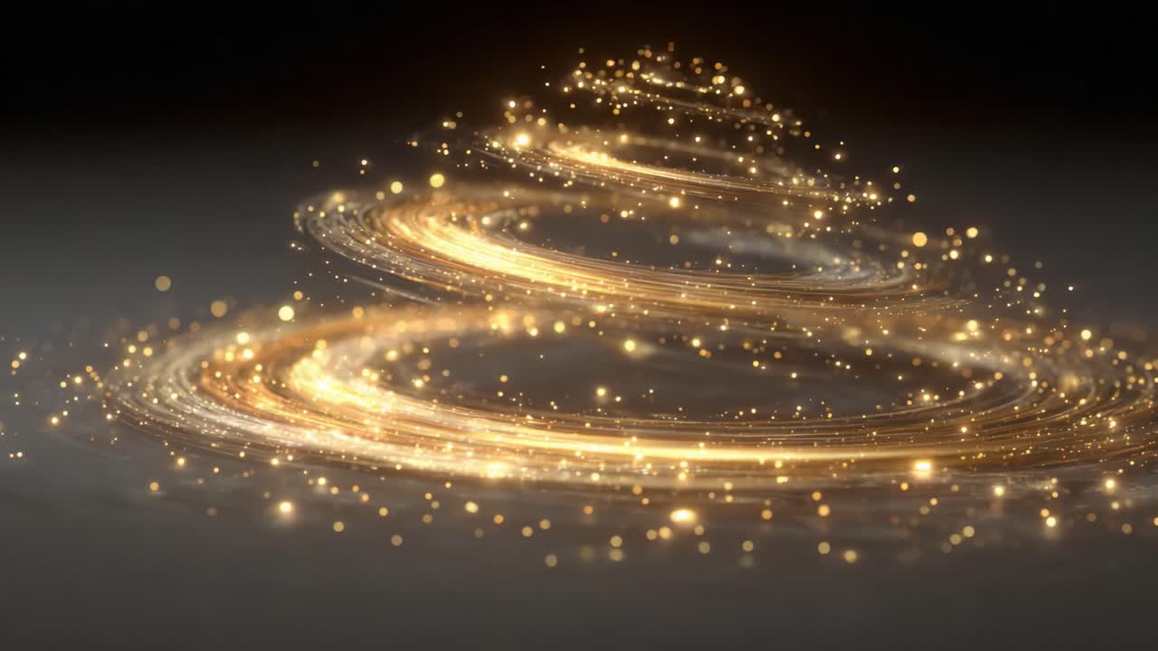 Un'ipnotizzante spirale di scintillanti particelle d'oro: il viaggio trasformativo della luce in una danza cosmica di energia scintillante.
