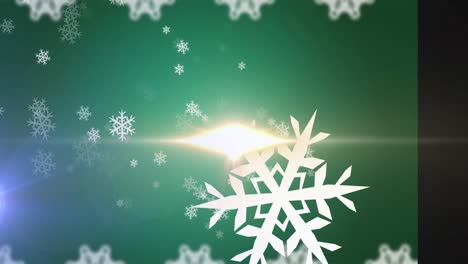 Animation-of-snowflakes-and-light-trails-on-green-background