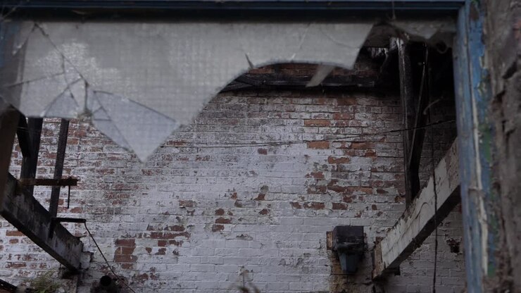 Toma panorámica de una ventana rota en una fábrica abandonada de ladrillo.