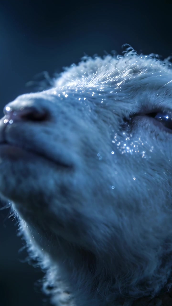 Video verticale: Testa di agnello che si inclina rispondendo al cambio di illuminazione in uno studio blu, mostrando il vello bagnato.