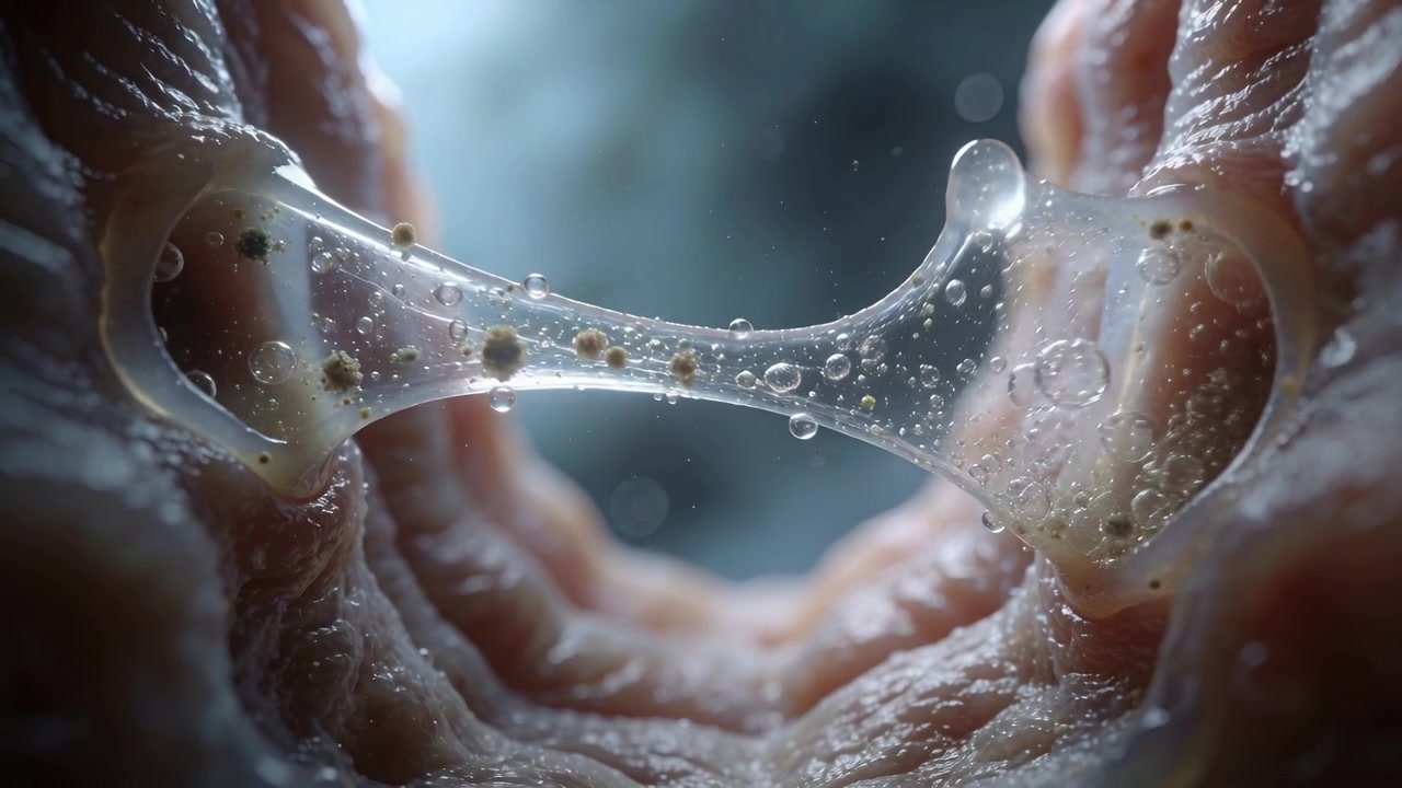 Stretching mucus film thinning as opposing lobes separate in macro, showing droplet and bubbles