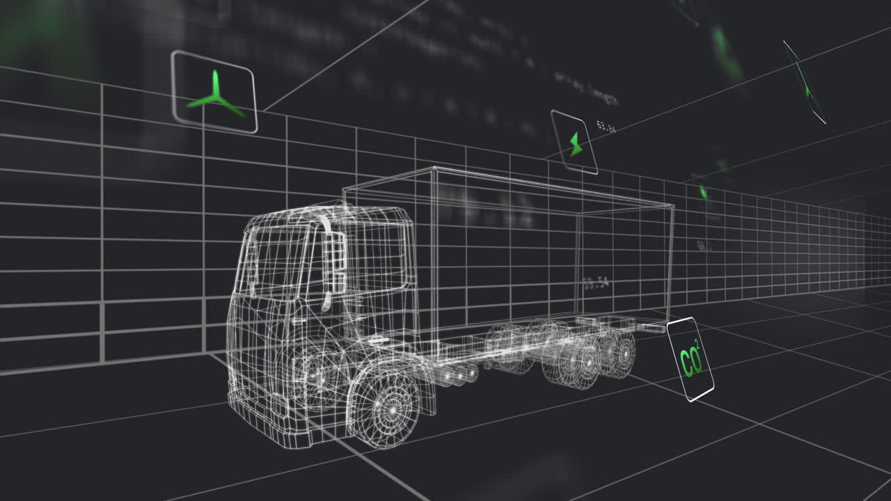 Semi-trailer truck wireframe being displayed in 3D render, featuring green turbine bolt CO? icons
