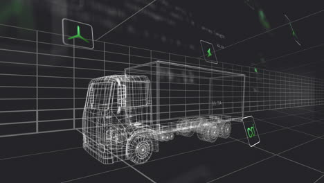 semi-trailer truck wireframe being displayed in 3d render, featuring green turbine bolt co? icons
