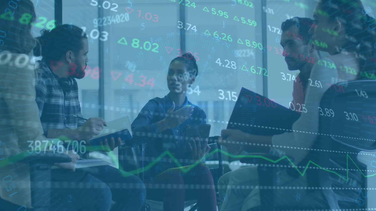 Animation of financial data processing over diverse colleagues discussing work in office