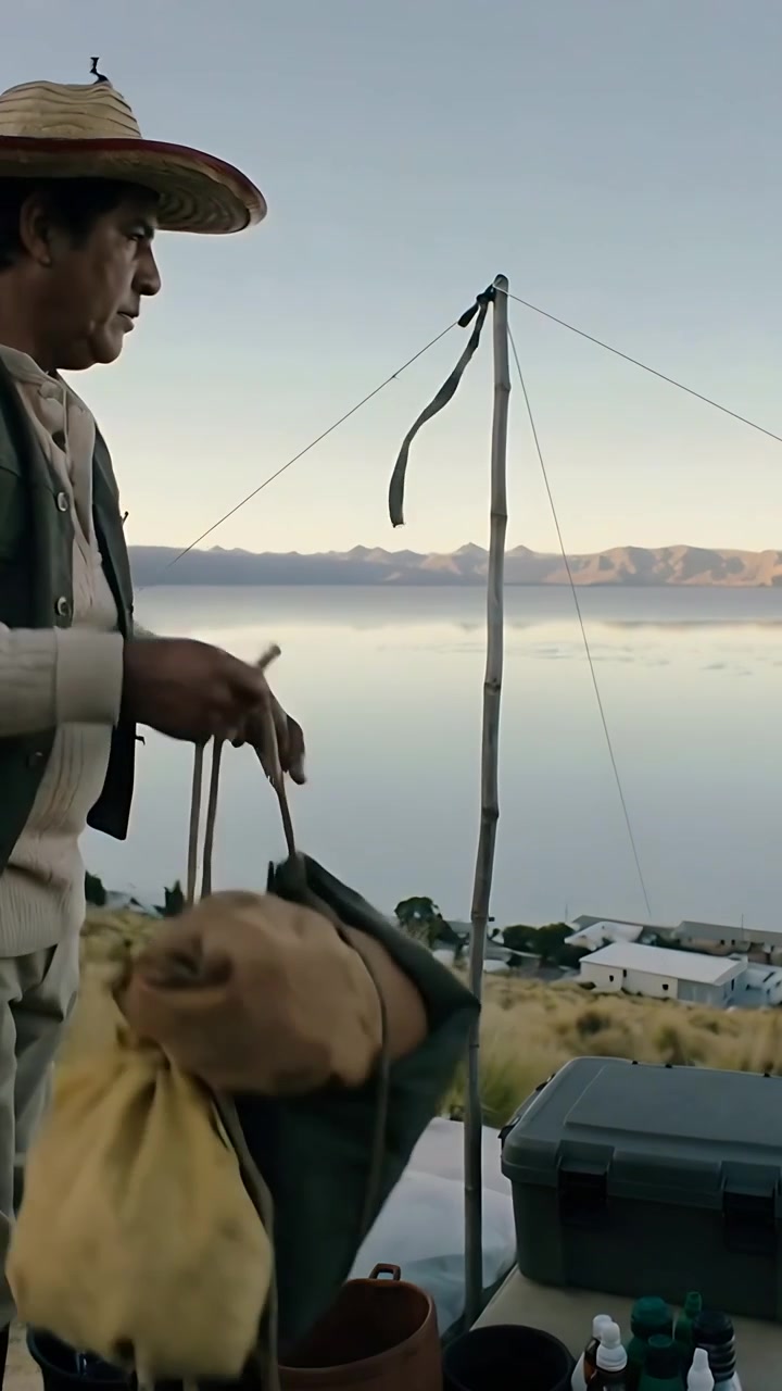Video vertical: Hombre ajustando su sombrero de paja y guardando una bolsa en la mochila para un viaje en la colina, con espacio para texto.