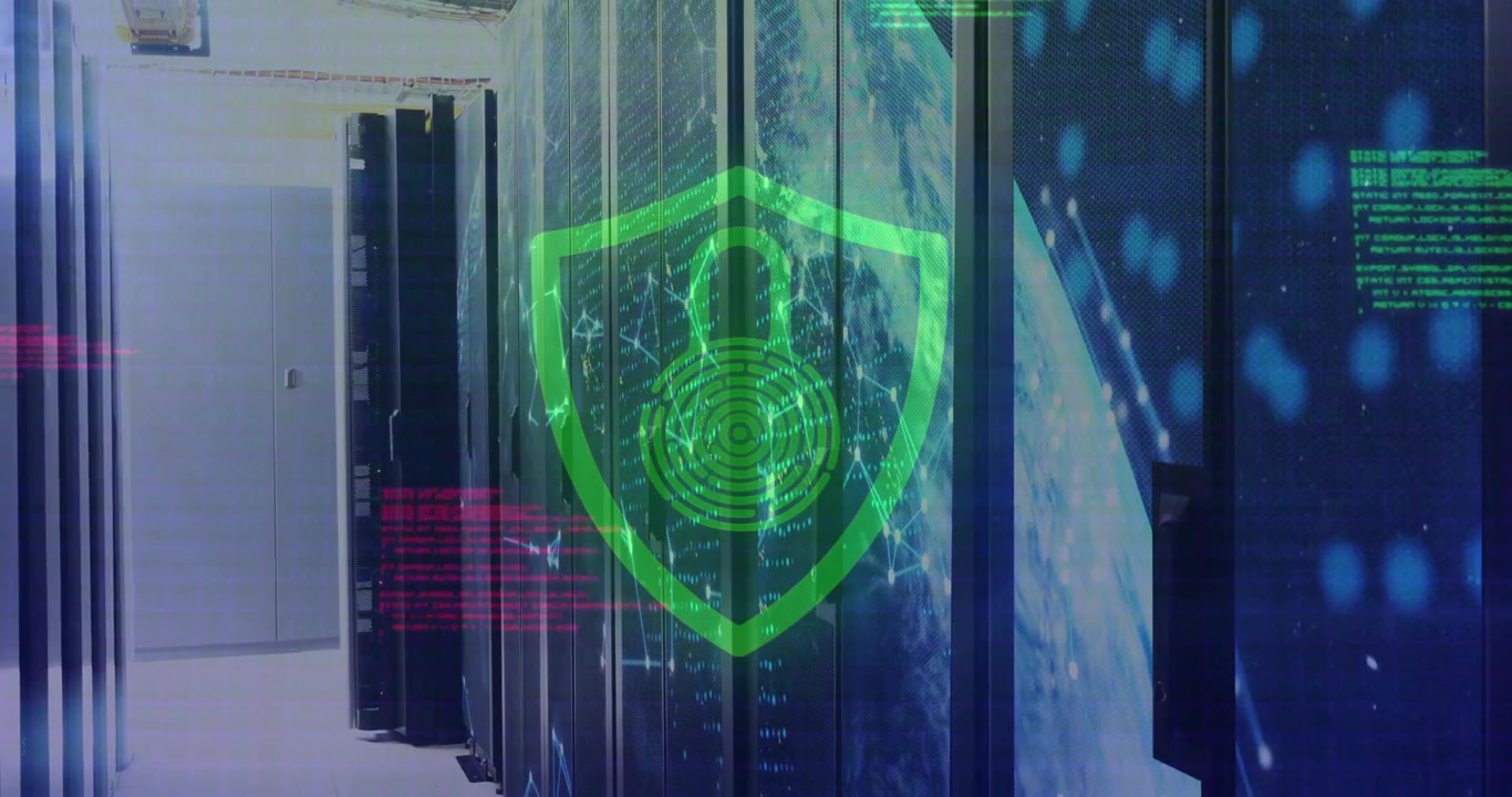 Shield appearing over data center racks, pulsing padlock and flashing code signaling status