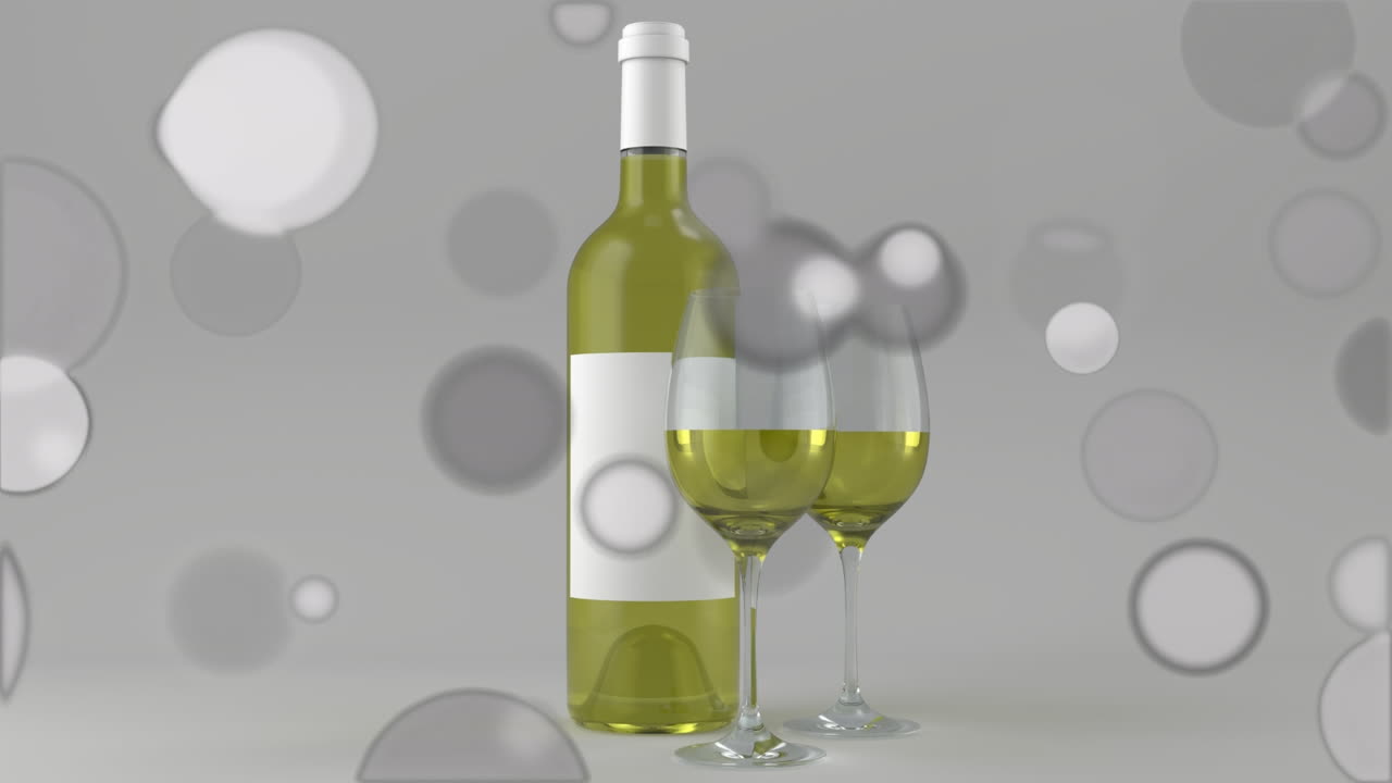 animación de bokeh sobre botella de vino blanco y vasos sobre fondo gris