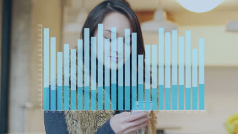 animación de gráfico sobre mujer caucásica usando teléfono inteligente