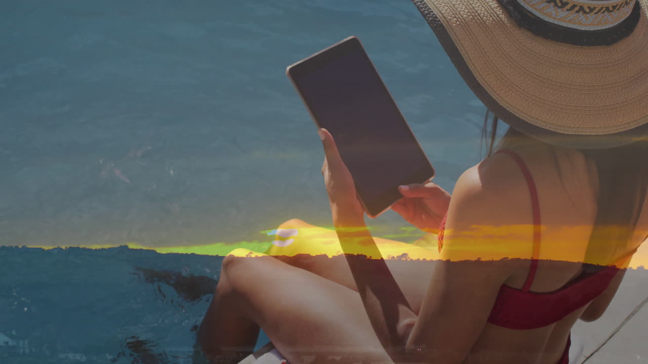 Woman holding tablet analyzing finance data on calm water dock, showing animated chart lines