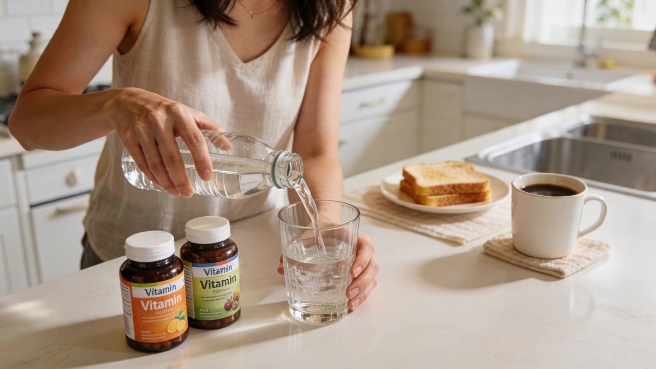 Gripping bottle, holding glass, woman pouring water in kitchen in sleeveless top, vitamins to drink