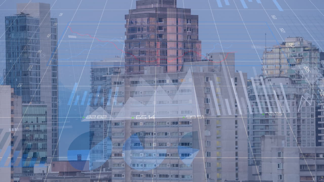 도시 풍경 위의 금융 데이터 처리 애니메이션