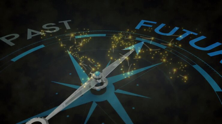 Compass pointing towards FUTURE with network connections animation over it
