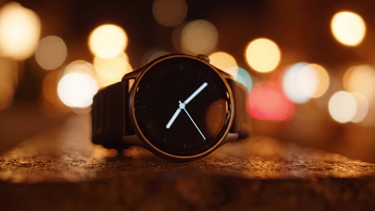 Elegante moderne Uhr, wunderschön präsentiert vor dem Hintergrund leuchtender Stadtlichter, die Eleganz und fortschrittliche Technologie zur Schau stellt und das Auge des Betrachters fesselt.