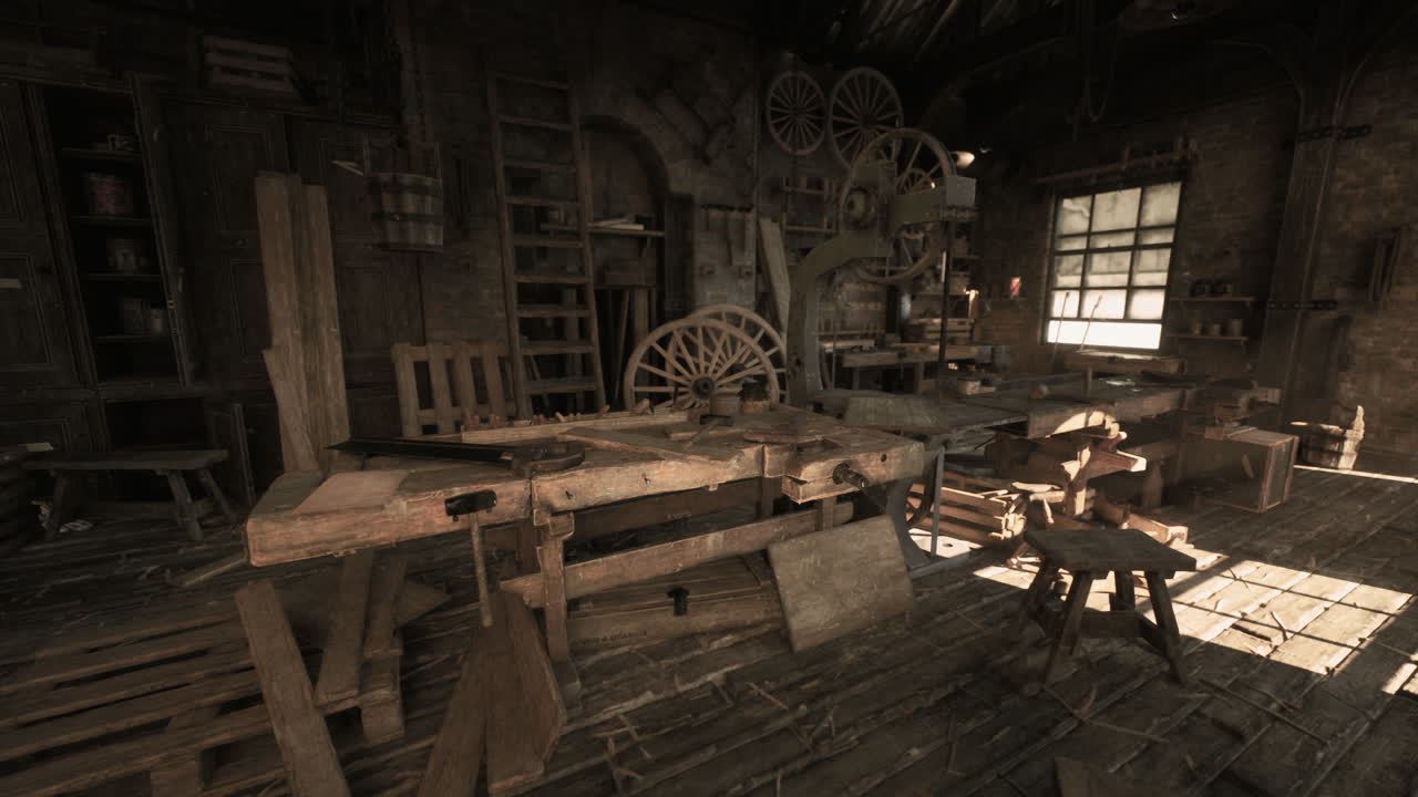 Old carpentry workshop filled with traditional hand tools and woodwork details