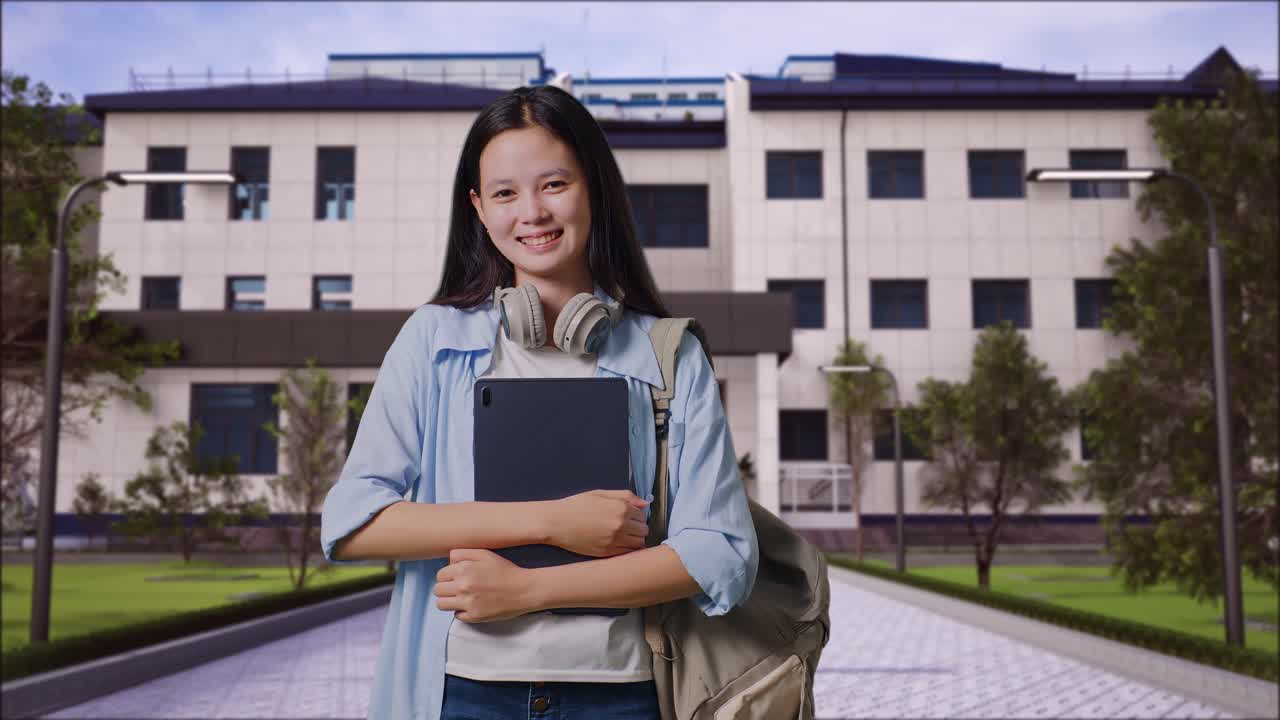 Studentessa asiatica adolescente con zaino, che tiene un tablet e sorride alla fotocamera davanti a un edificio scolastico.