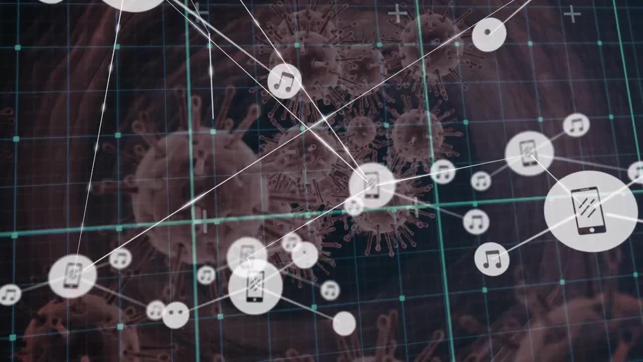 animación de la red de conexiones sobre células covid en fondo negro