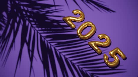 greeting happy new year 2025 with purple background and palm tree gentle breeze , tropical holiday concept celebration