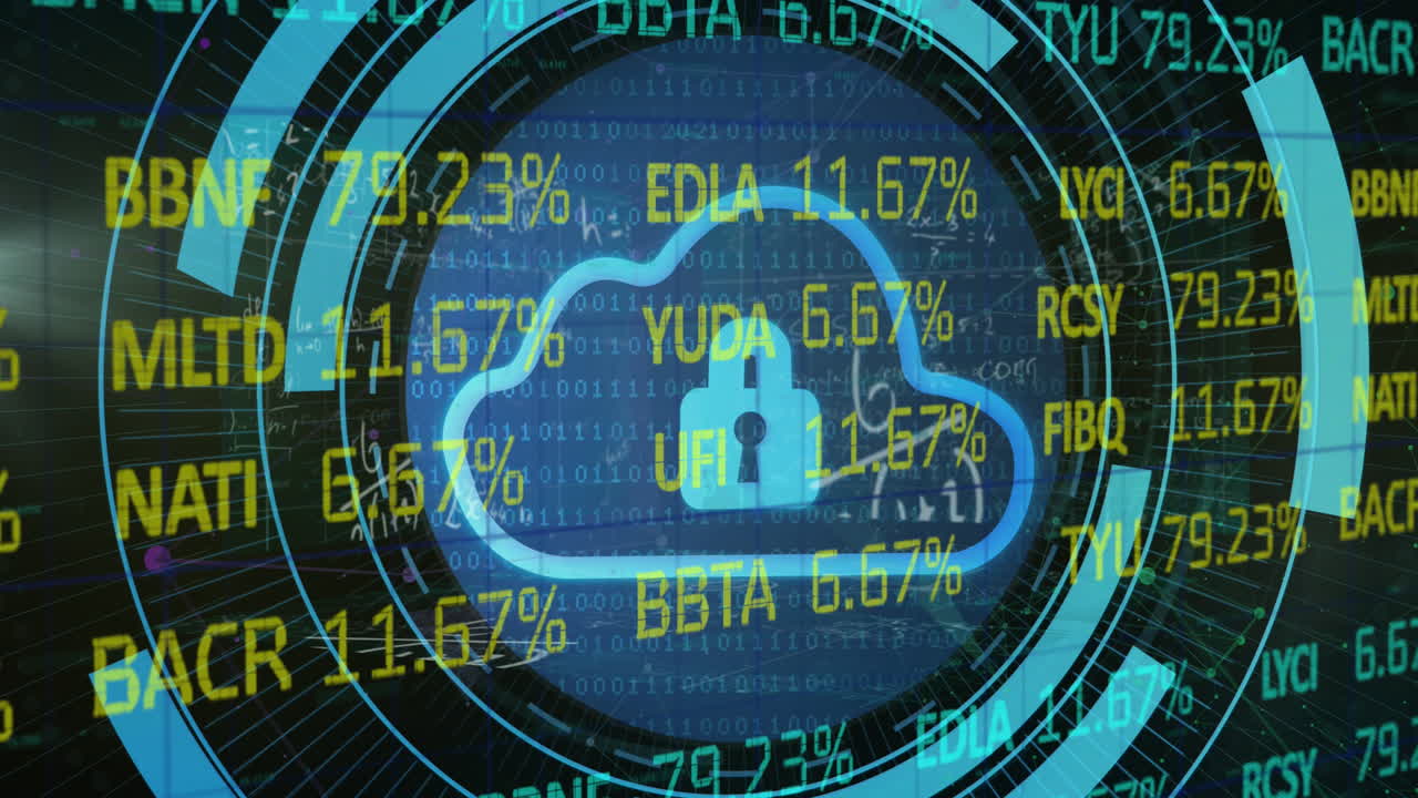 주식 시장 데이터 처리의 애니메이션 보안 락과 구름 아이콘을 통해 둥근 스캐너에