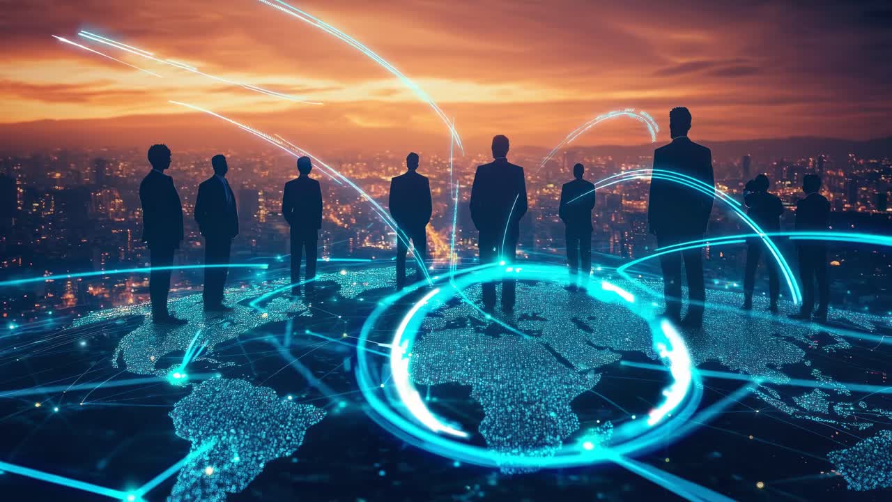 Silhouetted figures stand on a digital globe with glowing lines, captured from a low angle