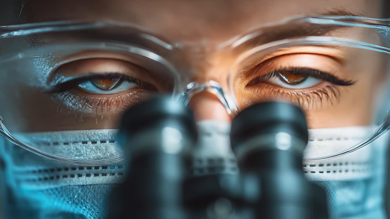 Momenti ravvicinati di un ricercatore in laboratorio: Focus sull'esame al microscopio con enfasi su dedizione e precisione nella ricerca scientifica.