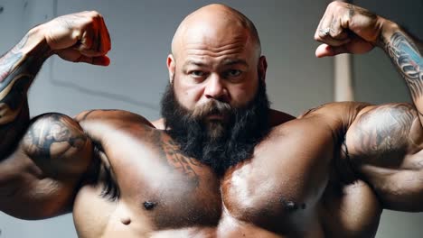 un hombre con barba y tatuajes en los brazos flexionando sus músculos