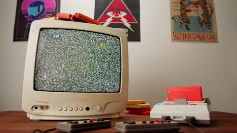retro gaming setup with vintage tv and nes console