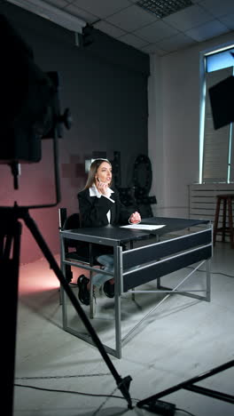 brunette lady in black jacket sits at desk in studio. woman talks to camera filming a blog or podcast. vertical video.