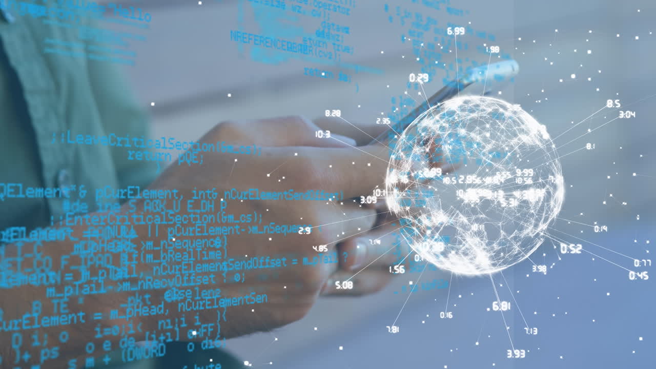 스마트 폰을 사용하여 카우카스인 남성의 데이터 처리 및 지구상의 애니메이션