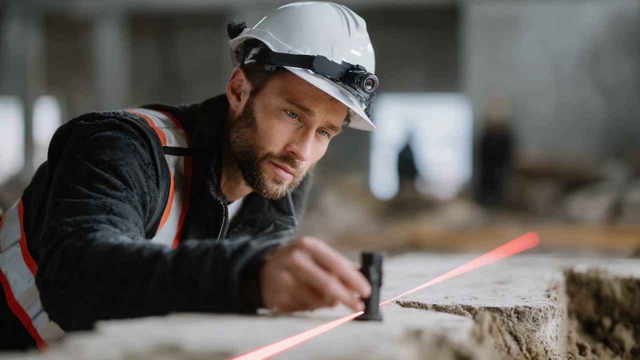 Focused Construction Worker Using Laser Level Tool to Ensure Precision on Building Site During Measurement Tasks in an Industrial Environment