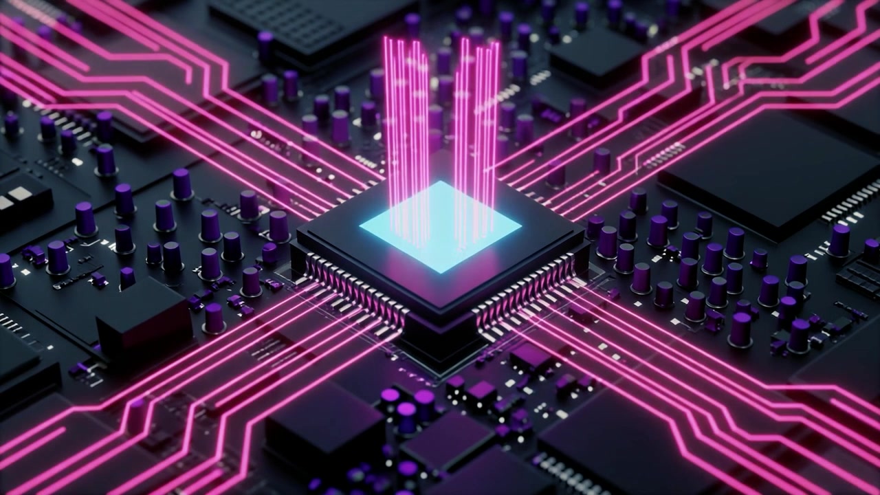 Central Processing Unit Chip with Glowing Data Streams on Circuit Board