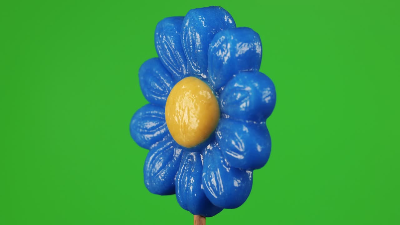 rotación de una piruleta en forma de margarita en fondo verde. concepto de primavera. piruletas de caramelo. dulces para niños. macro. concepto de la infancia.