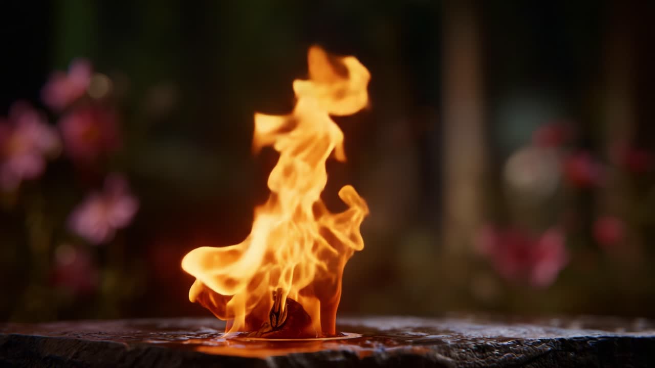 Fiamme catturate splendidamente che danzano sopra una superficie di legno, circondate da fiori rosa, creando uno straordinario contrasto visivo ed evocando calore ed energia