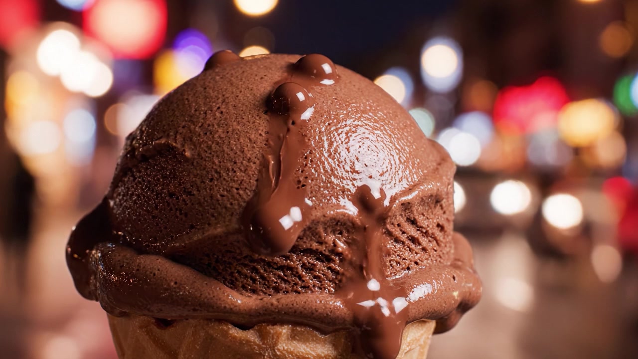 Deliziati con la ricchezza del gelato al cioccolato: Una vista ravvicinata di una delizia cremosa che si scioglie in un cono su uno sfondo urbano notturno