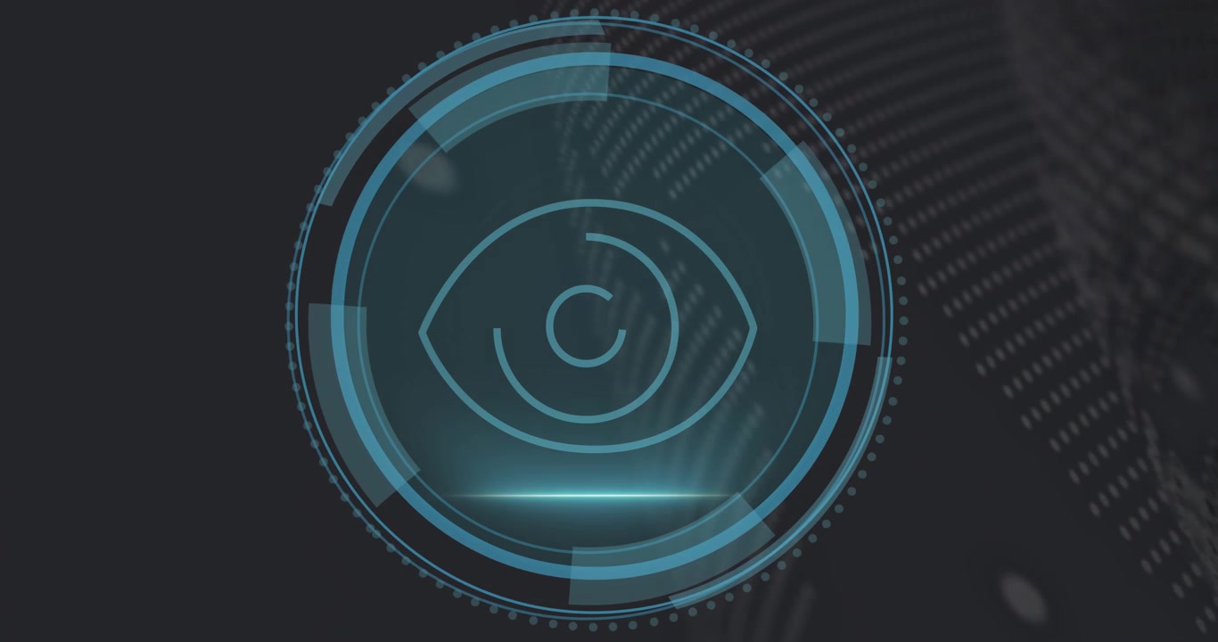 Circular HUD transforming from shield, rotating rings and scanning eye, showing cyber threat scan