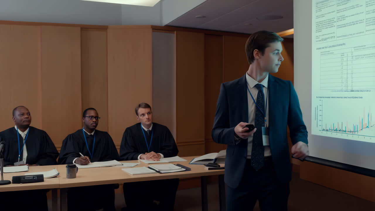 Man presenting data to a panel in a formal courtroom or hearing setting