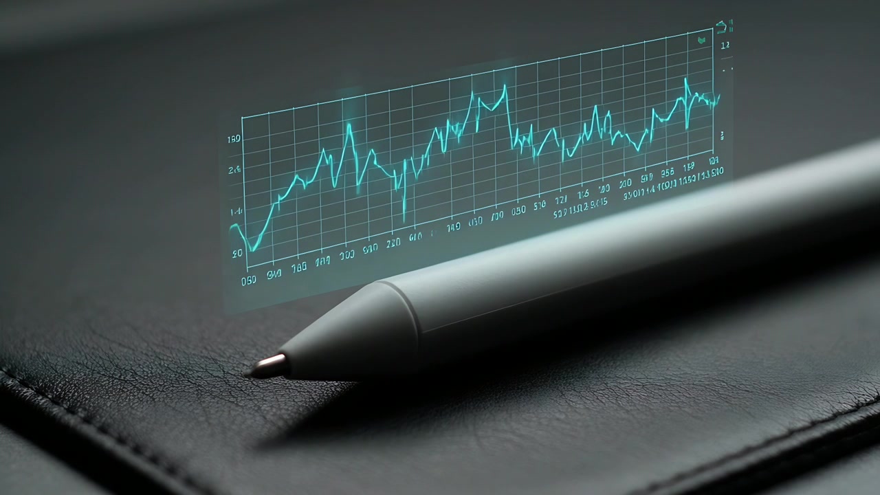 Frames animating cyan chart moving then spiking above silver stylus on leather folio showing rise