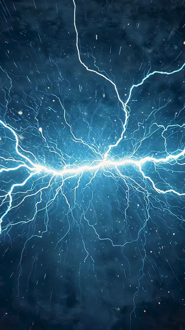 Video verticale: nuvole cariche che sprigionano un fulmine blu allungato che pulsa nel cielo tempestoso, inviando filamenti