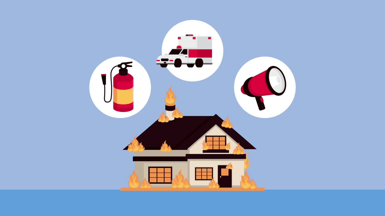Emergency service with house on fire scene | Premium Stock Video Footage