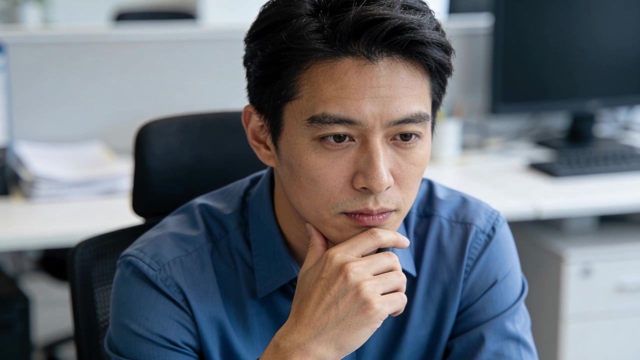 모니터에서 문서를 보며, 파란색 셔츠를 입고 턱을 괸 채 책상에서 생각에 잠겨 공부하는 아시아 남성.