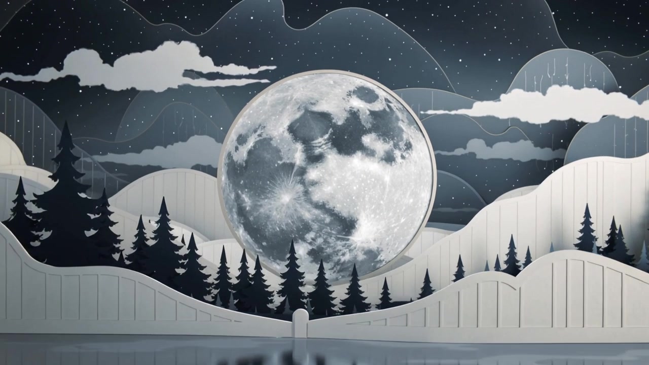 Animazione di una luna piena testurizzata che si ingrandisce verso il centro sul lago, rivelando colline di carta e centrando la messa a fuoco.