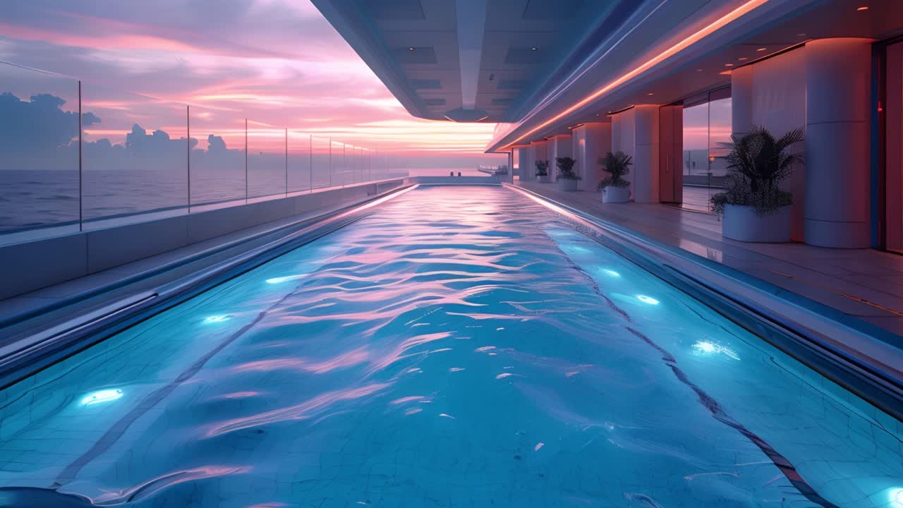 Modern Pool Deck at Sunset with Ocean View