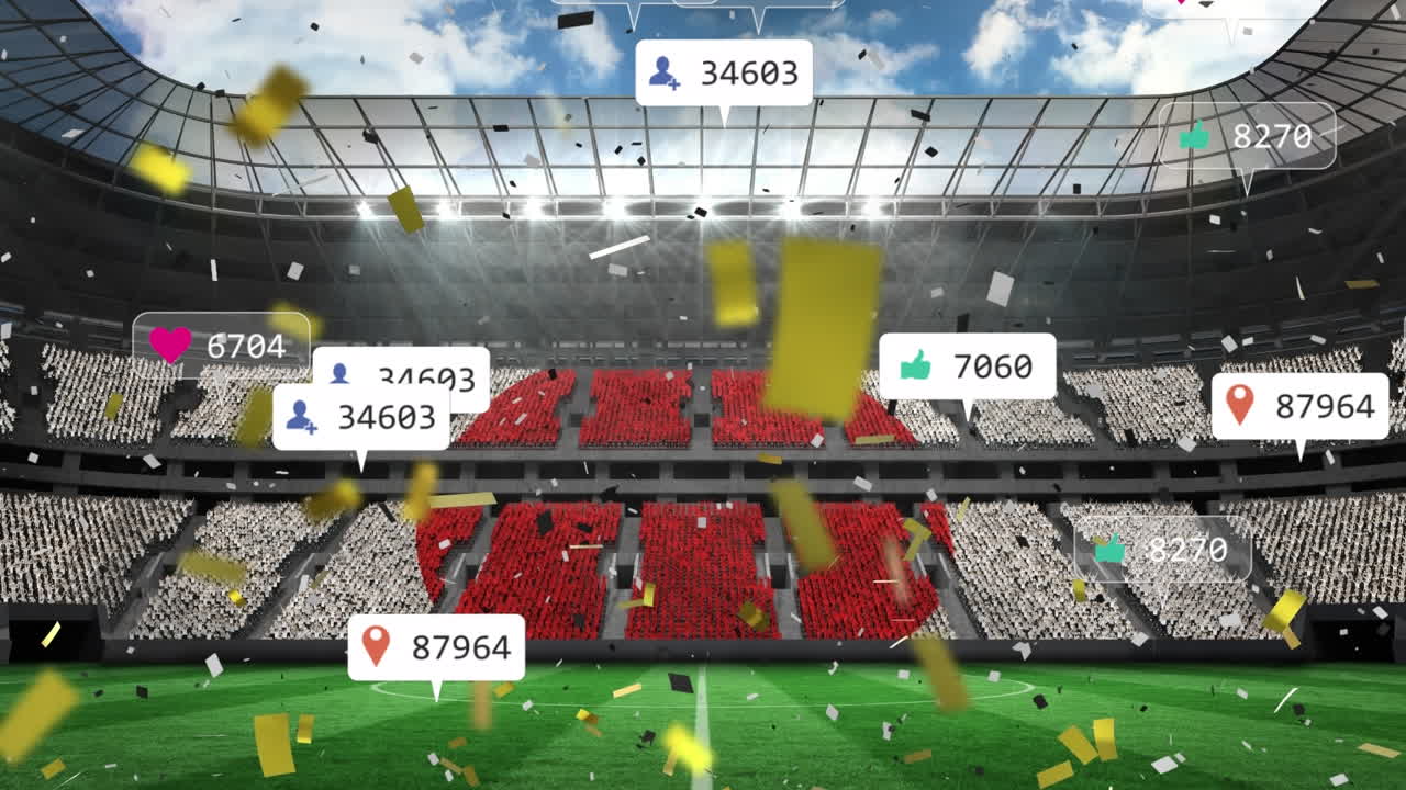 animación de iconos de redes sociales y confeti sobre la multitud bandera de japón en las gradas en el estadio deportivo