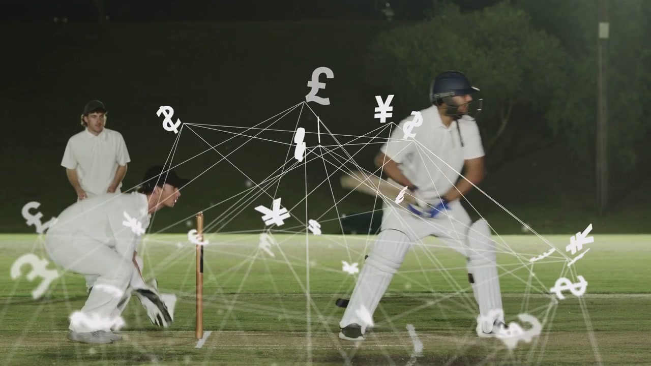 Slagman tegenover geworpen bal, die slaat om de wickets te verdedigen, met financiële symbolen die het veld verbinden.