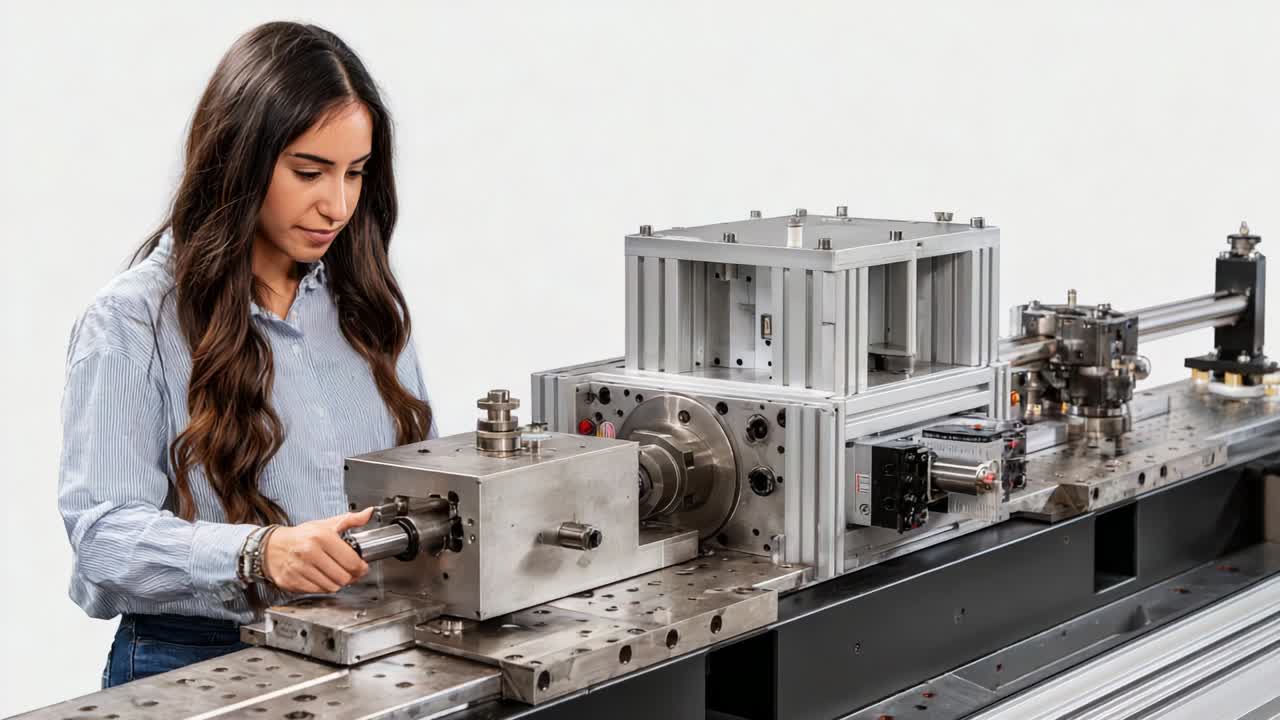 A woman operates precision machinery, demonstrating her expertise in advanced engineering technology as she carefully inspects and adjusts complex components for optimal performance in a lab environment