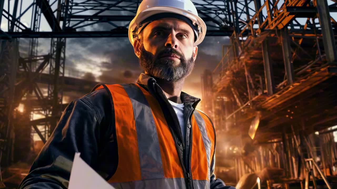 Inquadratura dal basso di un operaio edile con cappello e gilet, su uno sfondo industriale suggestivo