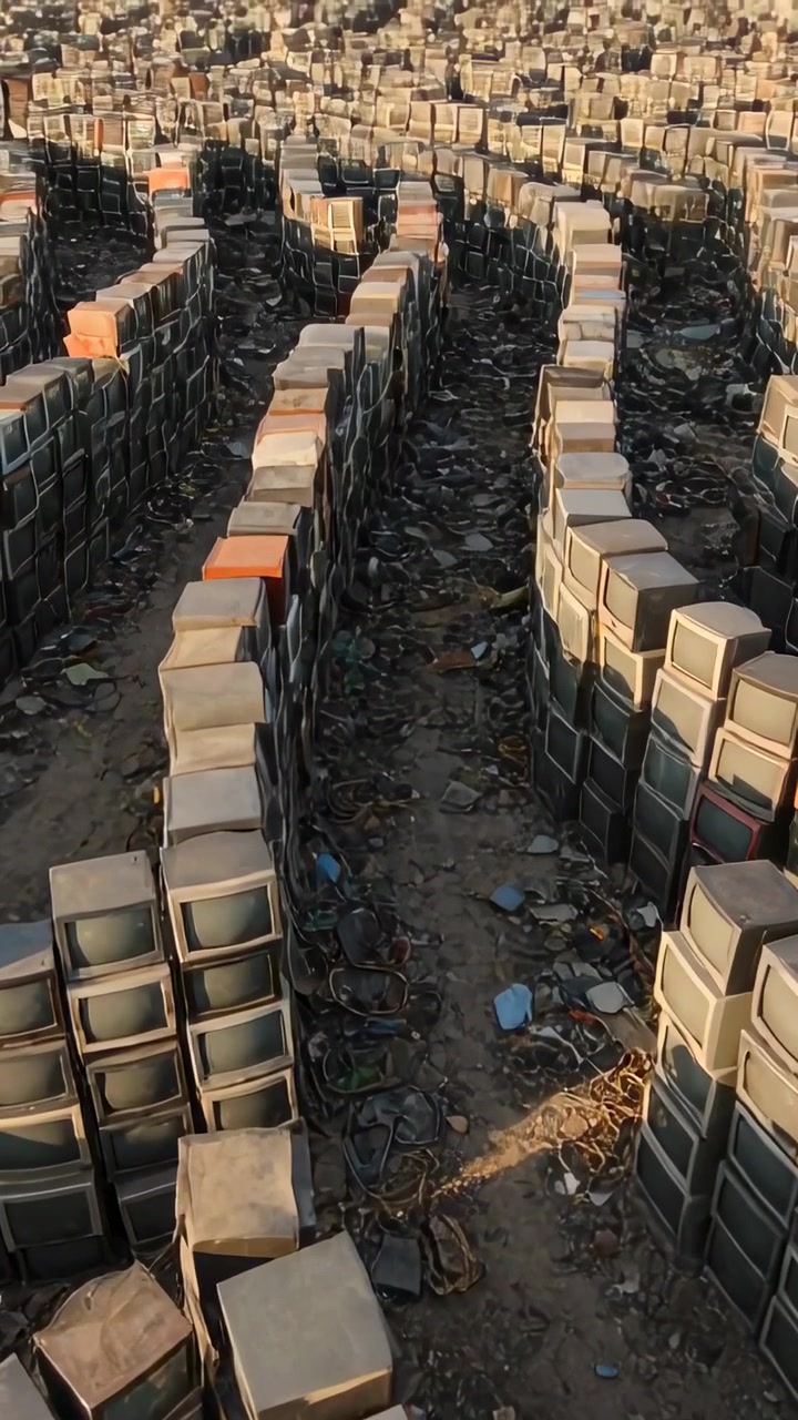 Video verticale: Telecamera che si allontana mostrando pareti di schermi CRT con cavi in una discarica, rivelando lo skyline.