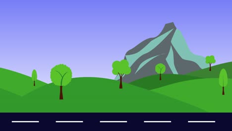 nature landscape animation of hills , mountain and road, flat design, seamless loop